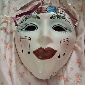 Ceramic Mask with Musical Motif. Vintage and Venetian Style with Ribbons.  8x6